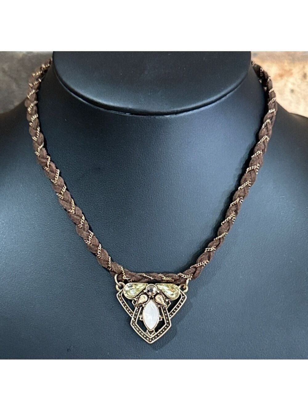 Vintage artisan braided brown cord and chain choker necklace rhinestone pendant